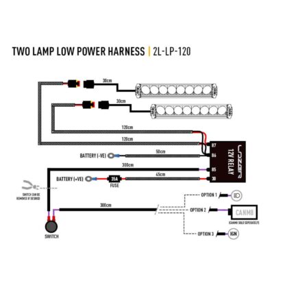 Lazer Two-lamp harness kit, 1.2m, 2-Pol, Abmessungen