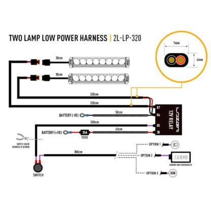 Lazer Two-Lamp Harness Kit, 3.2m, 2-Pol, Triple-R Elite/ ST Evolution/ Linear/ Sentinel (ohne Pos. Leuchte), Abmessungen